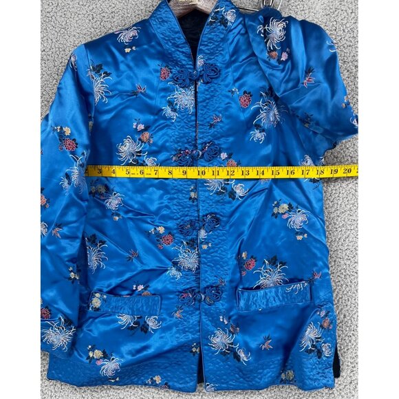 Vintage Women's Blue Black Reversible Satin Pankou Asian Blazer Size Large - Picture 4 of 12